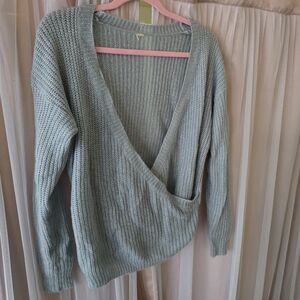 Cozy Gray-blue V-Neck Wrap Style Sweater